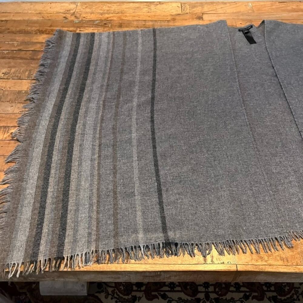 Eileen Fisher Open Front Poncho OS Fringed Wool Blend Gray & Brown Striped